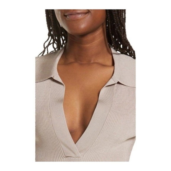 Good American Plaited Ribbed Polo top in Mink001 Beige Size 2 US M New - Picture 3 of 9